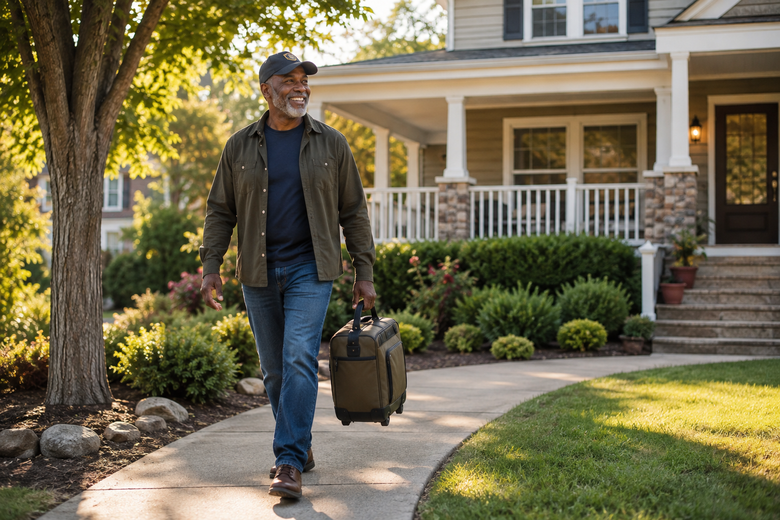A veteran with a duffel bag smiling as he arrives at the welcoming front porch of a residential home